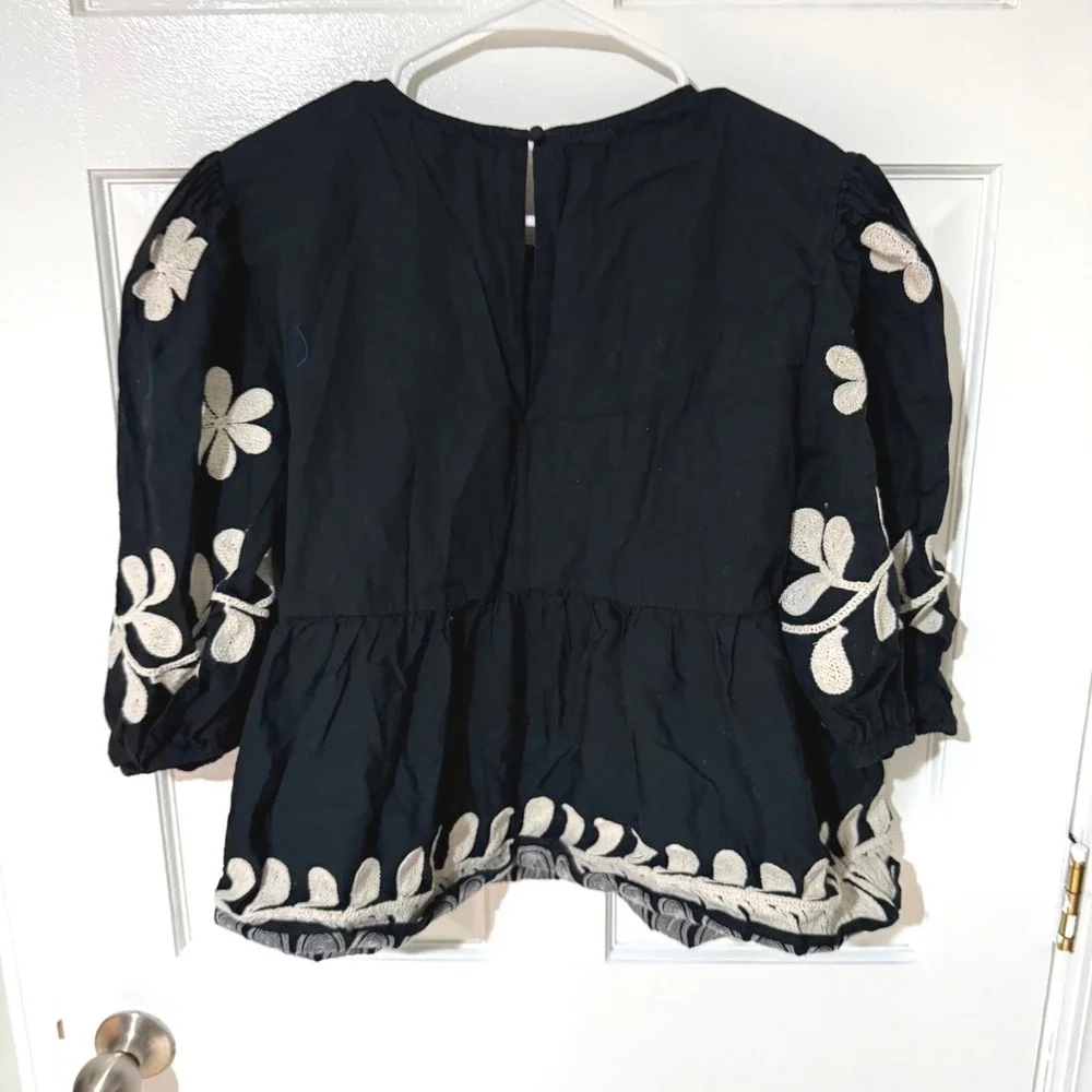Anthropologie Black Cotton Embroidered Floral Peplum Puff Sleeve Blouse Large